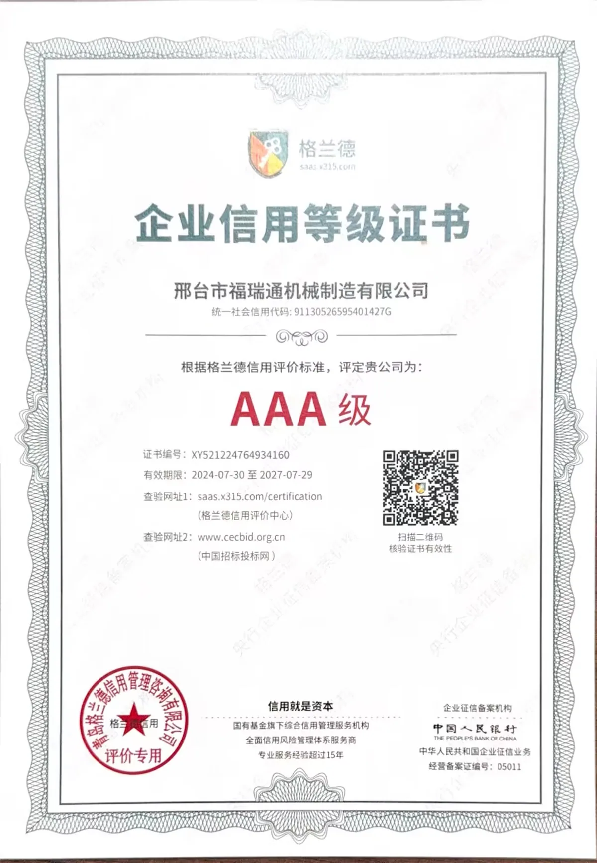AAA Enterprise Credit Rating Certificate